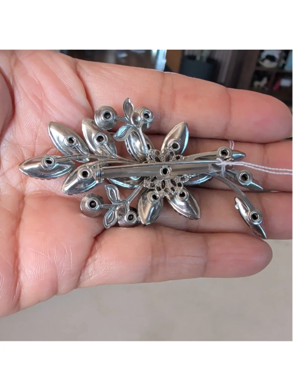 Vtg Smoky Marquise Flower Rhinestone Floral Brooch Pin Clear Glass Rivet Prong